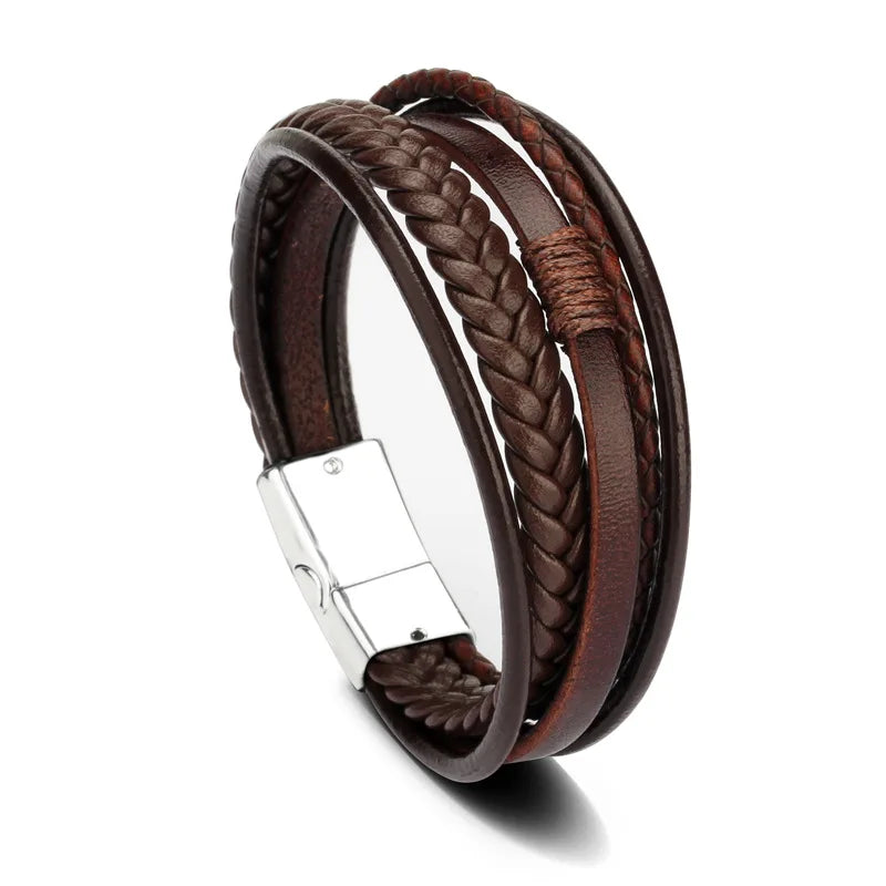 Stylish Men's Leather Bracelet – Stainless Steel Multi-Layer Braided Rope Jewelry Gift (21cm)