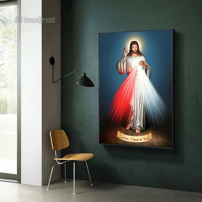 Shiny Retro Jesus Christ Poster – “I Trust in You” Sacred Heart Canvas
