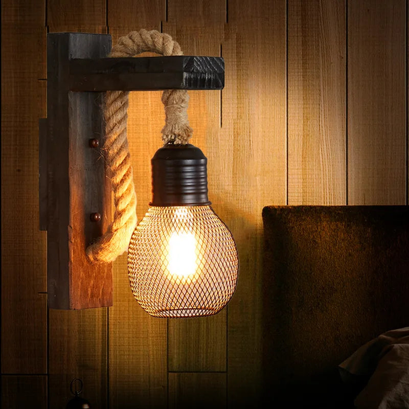 Vintage Industrial LED Wall Lamp – Retro Hemp Rope Design