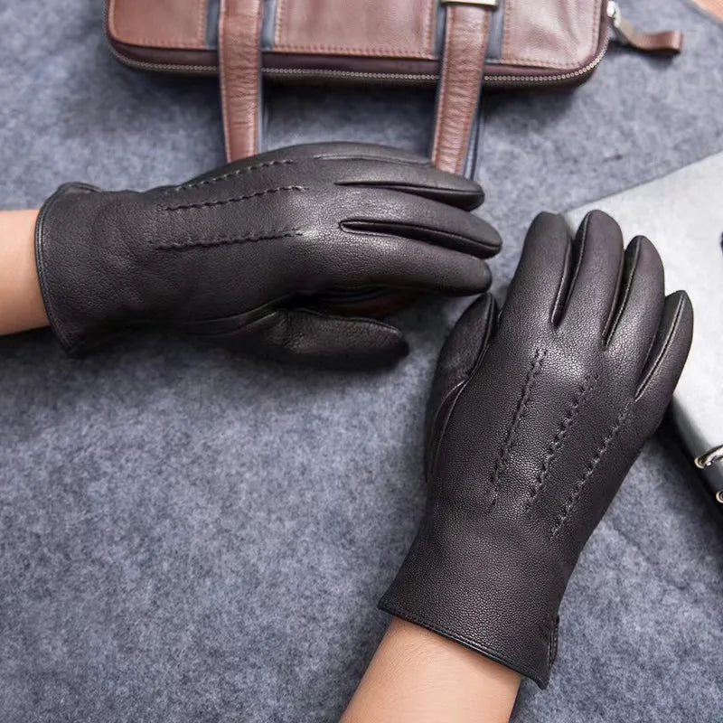 New Men's Warm and Soft Leather Gloves with Plush Lining