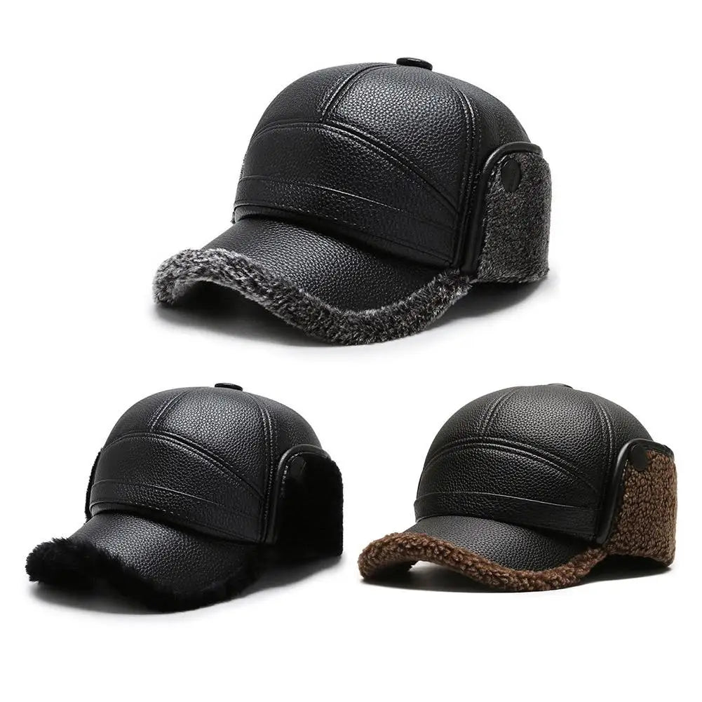Men's thick leather winter thermal cap ideal for elderly hearing protection