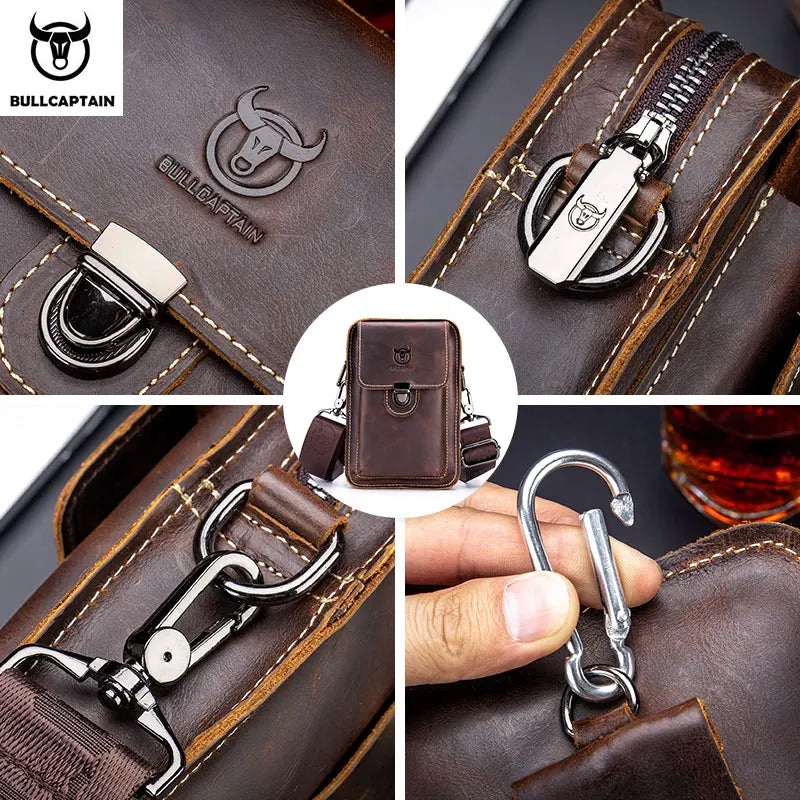 Men's leather waist and chest bag with bull design