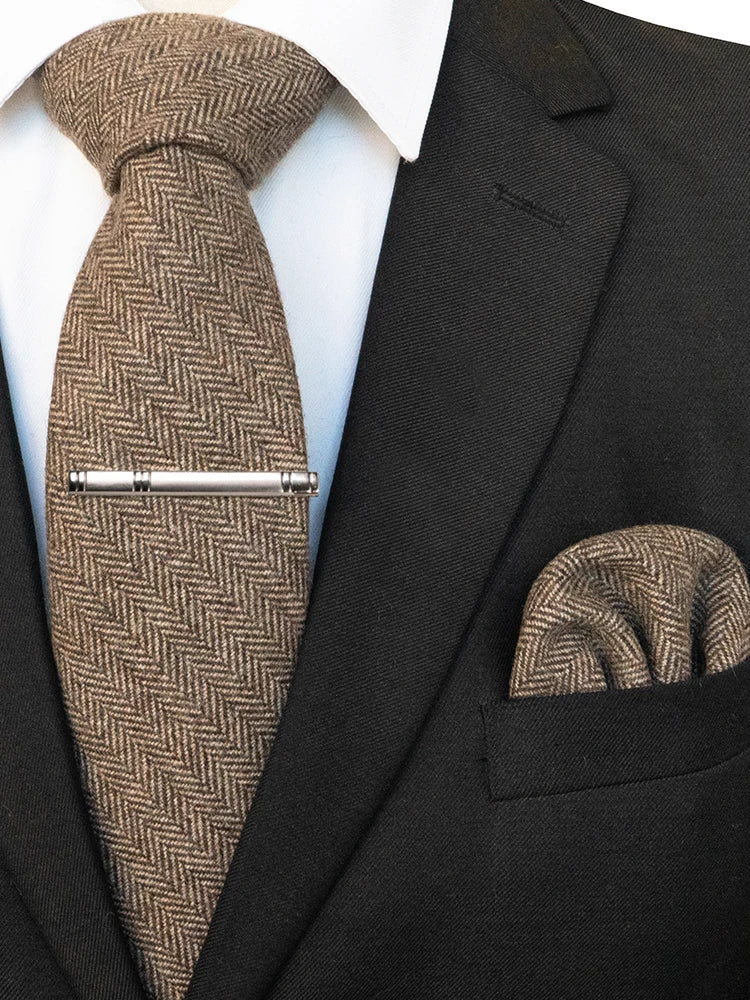 Men’s Classic Wool Tie Set – 8cm Tie with Handkerchief & Clip