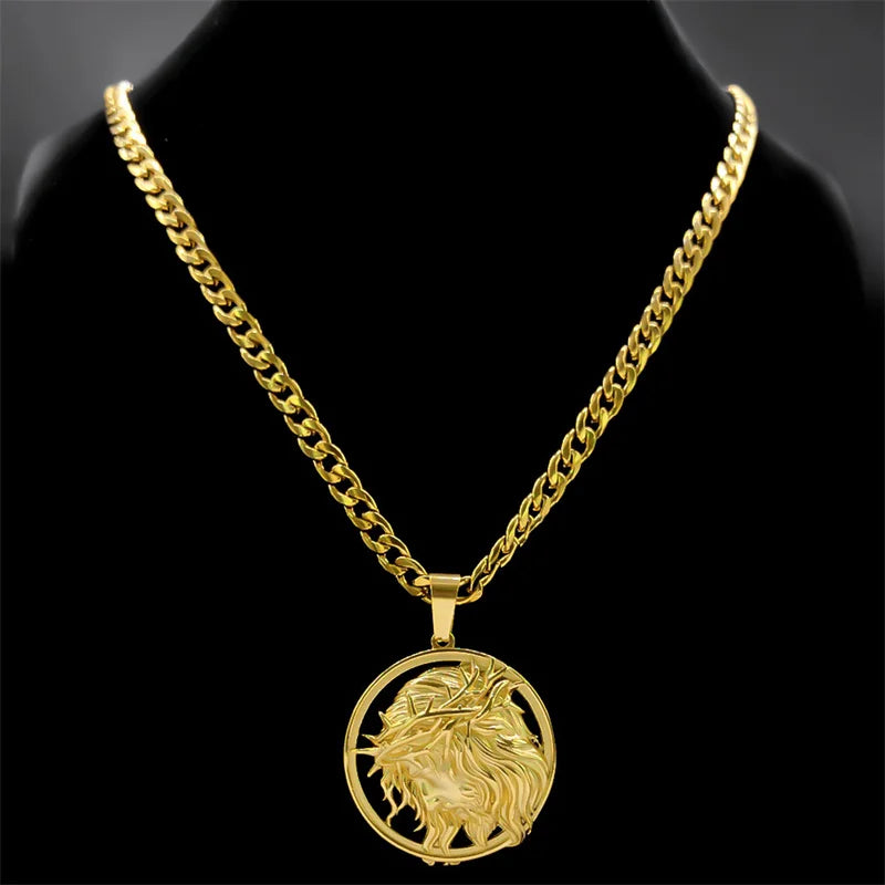 Jesus Crown of Thorns Men’s Necklace – Gold Stainless Steel Crucifix Medal Pendant