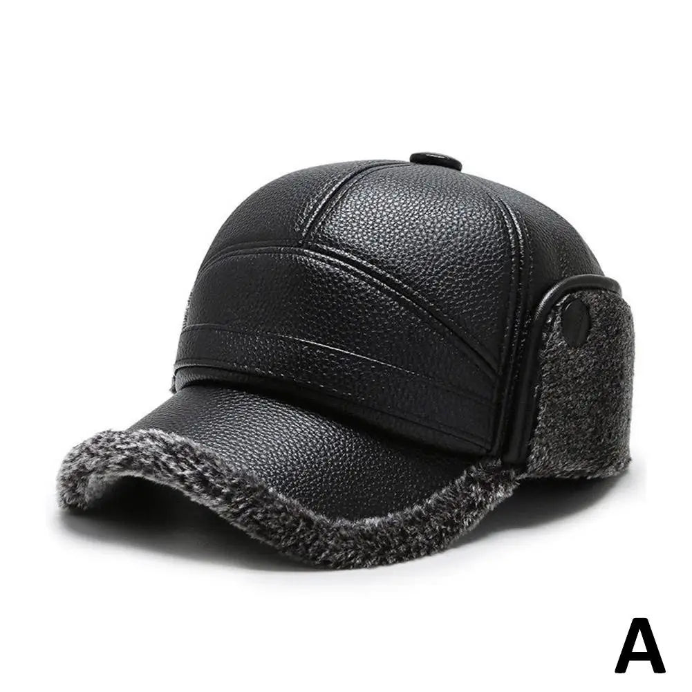 Men's thick leather winter thermal cap ideal for elderly hearing protection