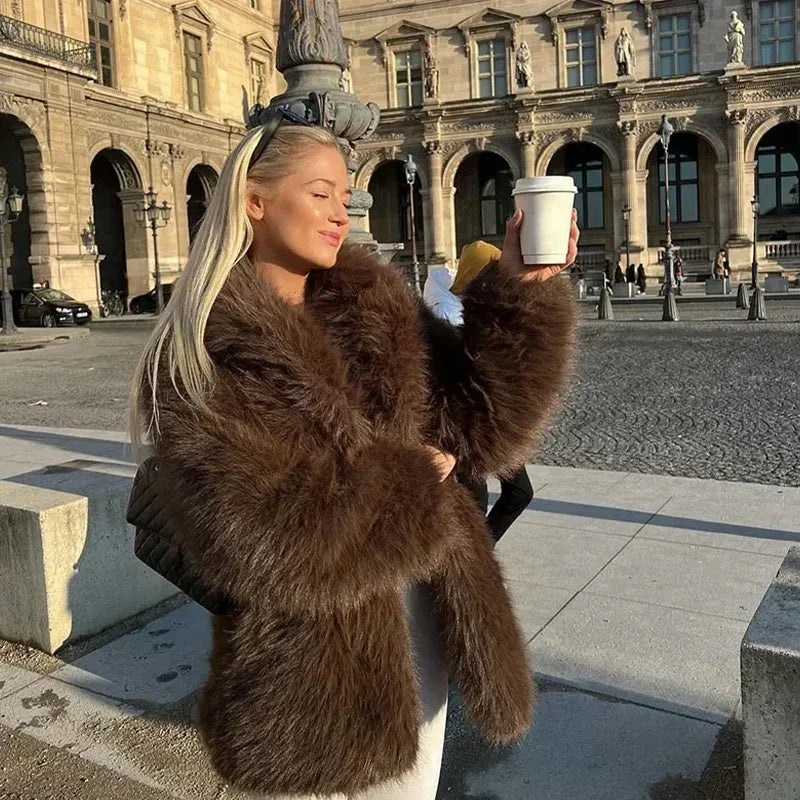 Women's Vintage Fluffy Faux Fur Coat, Plain, Warm, Long Sleeve, Thick Overcoat