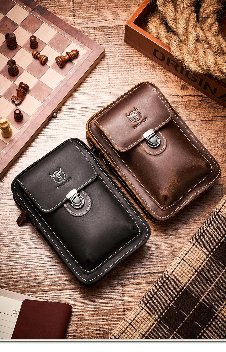 Men's leather waist and chest bag with bull design