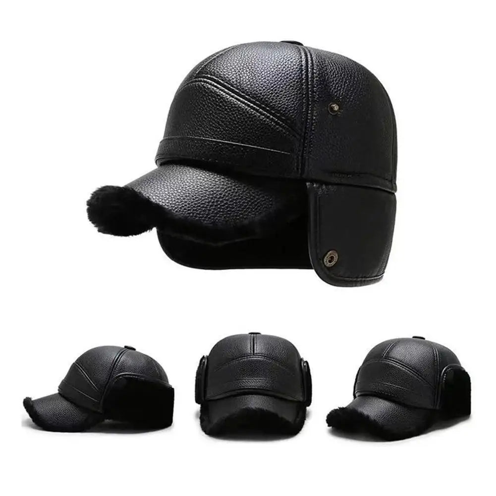 Men's thick leather winter thermal cap ideal for elderly hearing protection