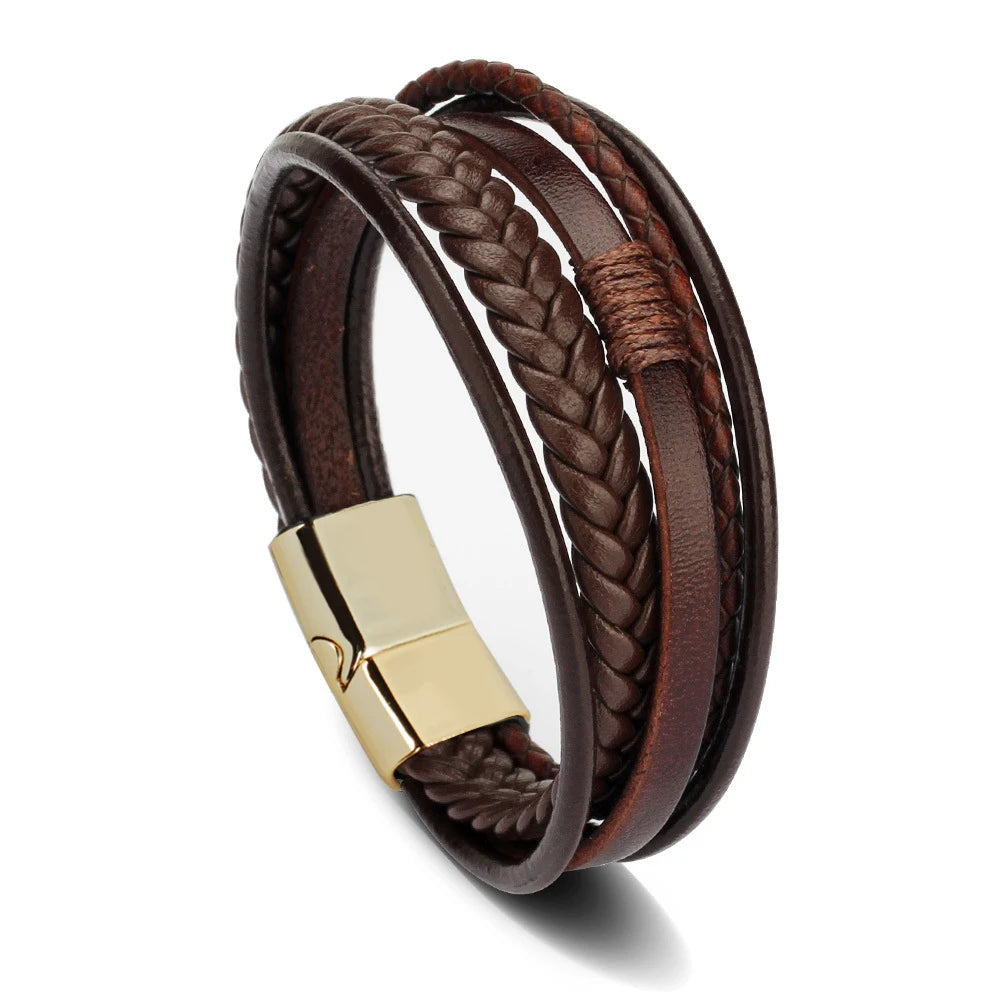 Stylish Men's Leather Bracelet – Stainless Steel Multi-Layer Braided Rope Jewelry Gift (21cm)