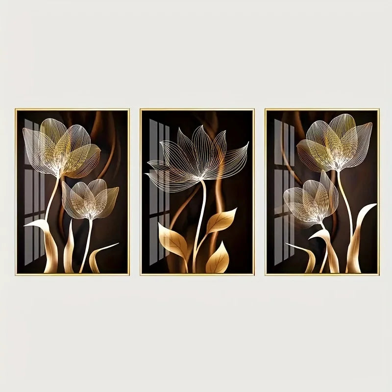 3PCS Black & Gold Flower Wall Art Canvas
