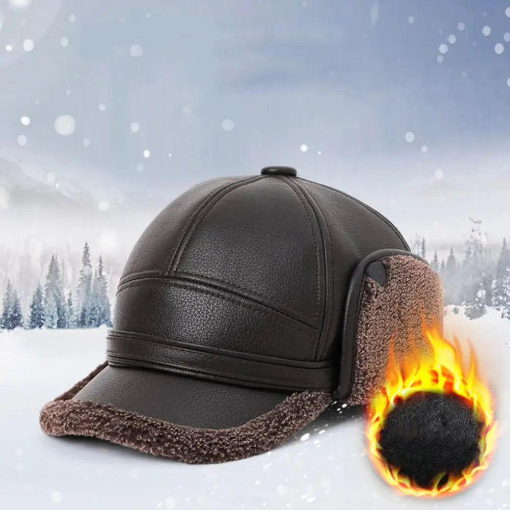 Men's thick leather winter thermal cap ideal for elderly hearing protection