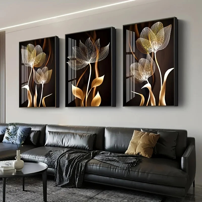 3PCS Black & Gold Flower Wall Art Canvas