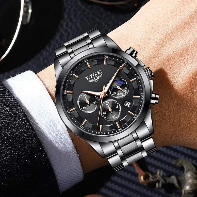 Luxury Men's Stainless Steel Quartz Watch with Calendar Waterproof