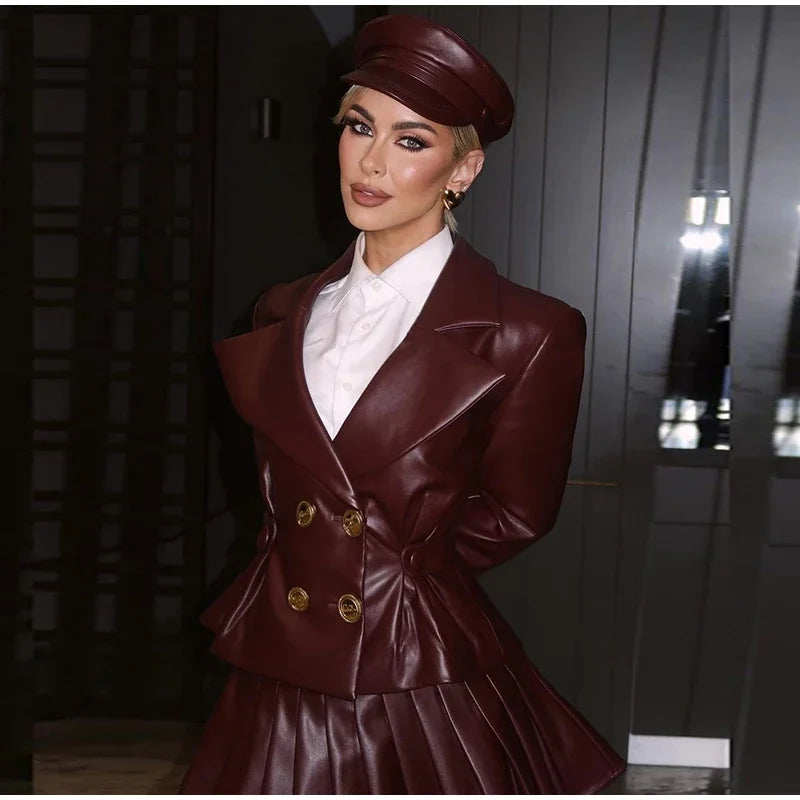 Women's Double-Breasted Leather Skirt and Jacket Set in Wine Color