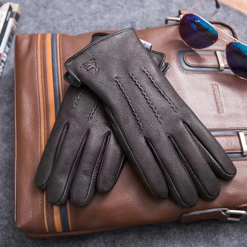 New Men's Warm and Soft Leather Gloves with Plush Lining
