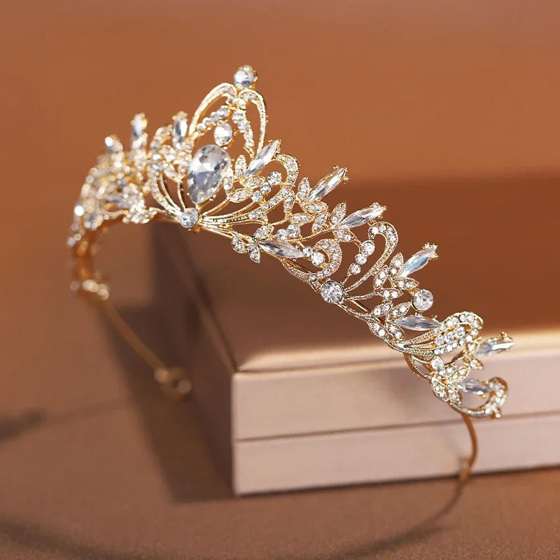 Luxury Gold Tiara with Crystals for Bride and Girl's Birthday