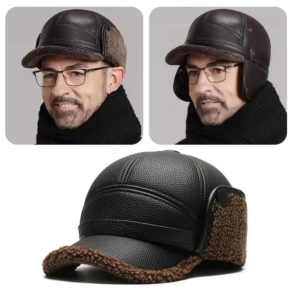 Men's thick leather winter thermal cap ideal for elderly hearing protection