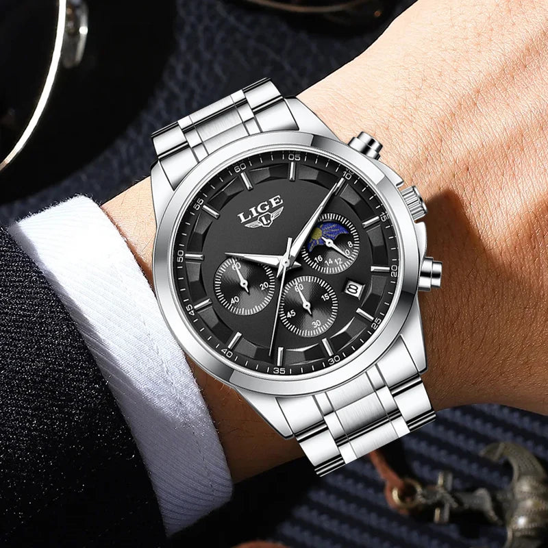 Luxury Men's Stainless Steel Quartz Watch with Calendar Waterproof