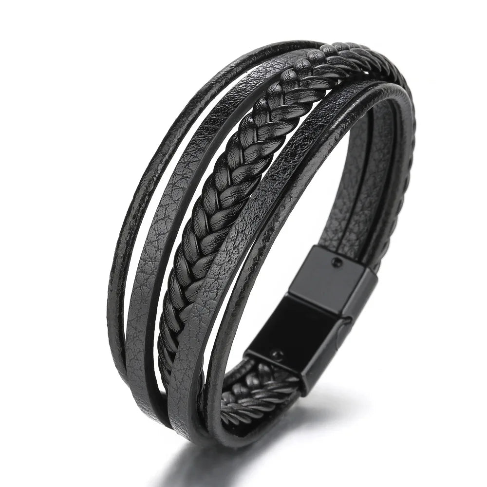 Stylish Men's Leather Bracelet – Stainless Steel Multi-Layer Braided Rope Jewelry Gift (21cm)