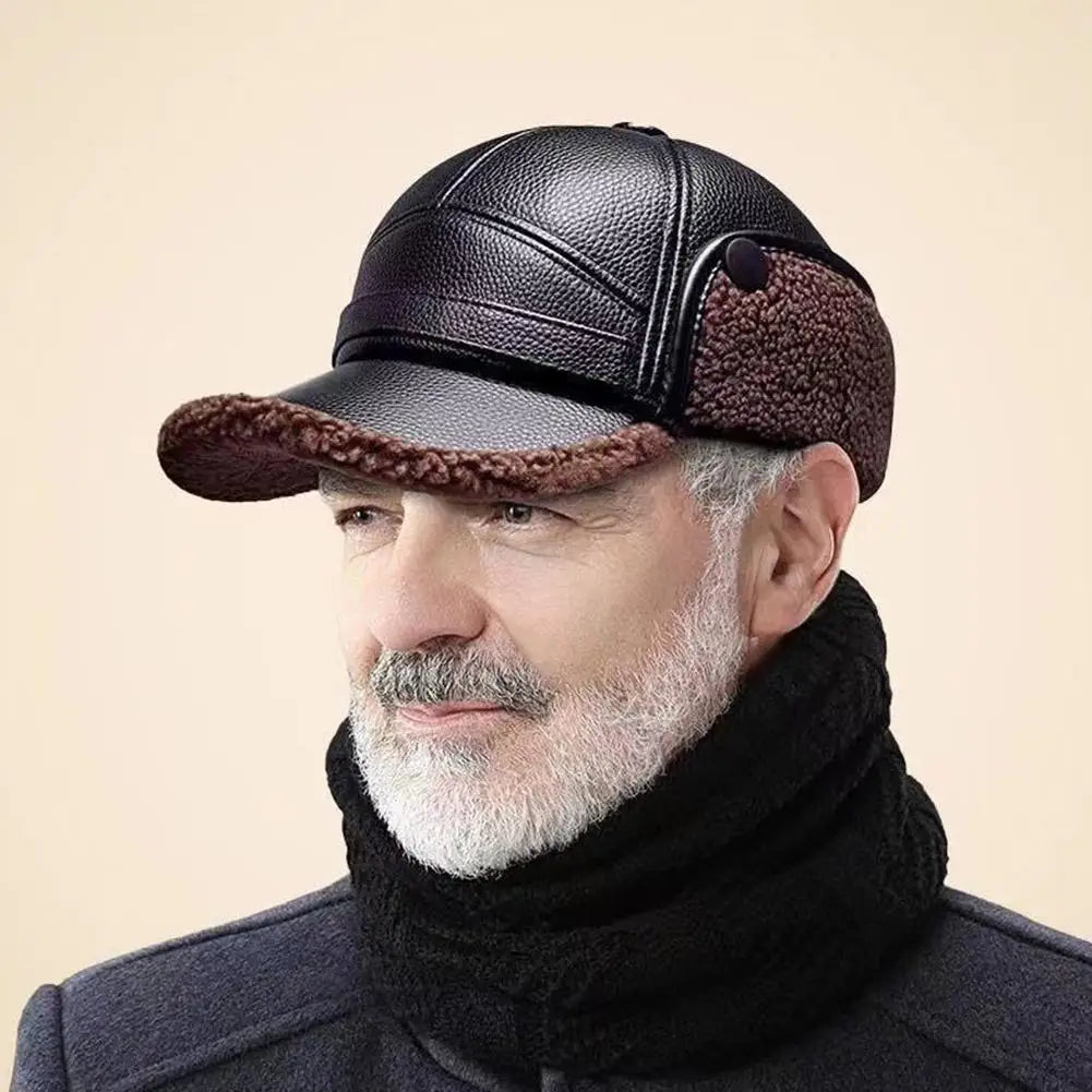 Men's thick leather winter thermal cap ideal for elderly hearing protection