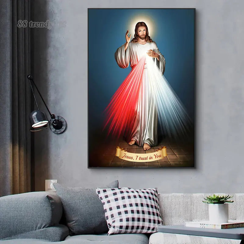 Shiny Retro Jesus Christ Poster – “I Trust in You” Sacred Heart Canvas