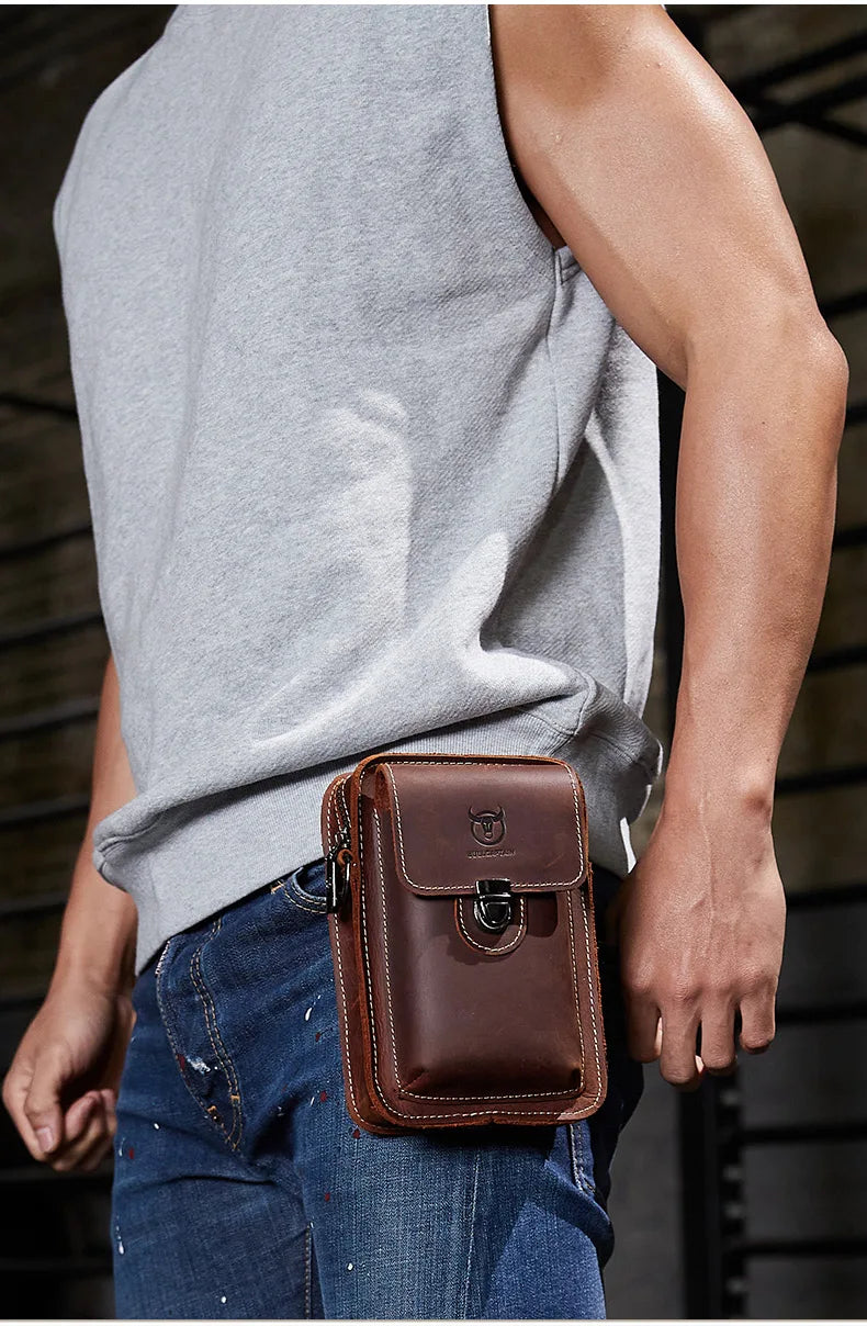 Men's leather waist and chest bag with bull design