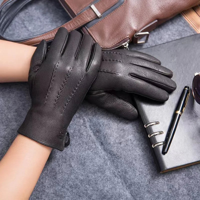 New Men's Warm and Soft Leather Gloves with Plush Lining