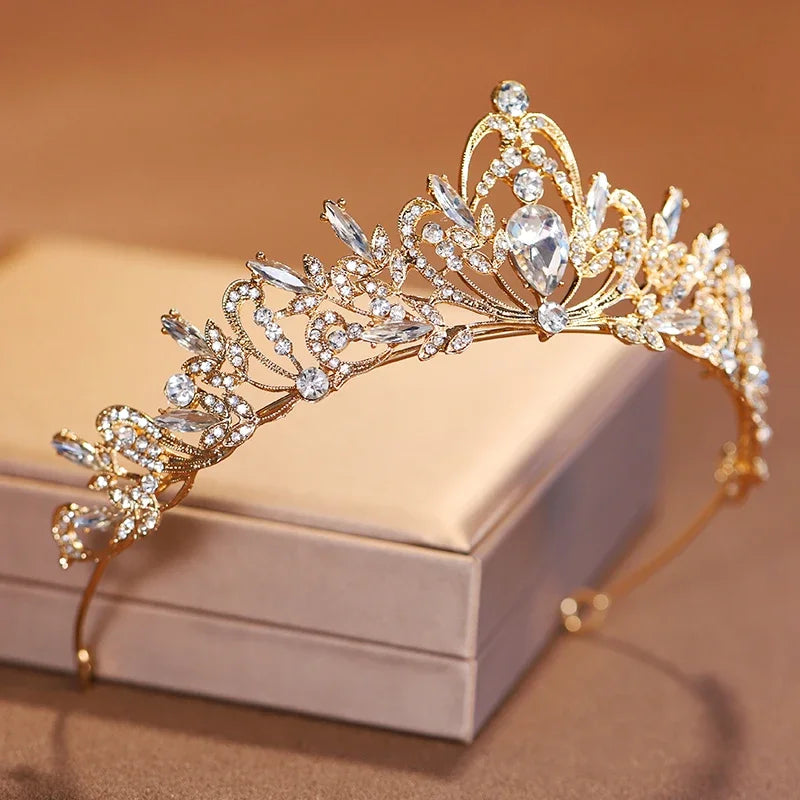 Luxury Gold Tiara with Crystals for Bride and Girl's Birthday