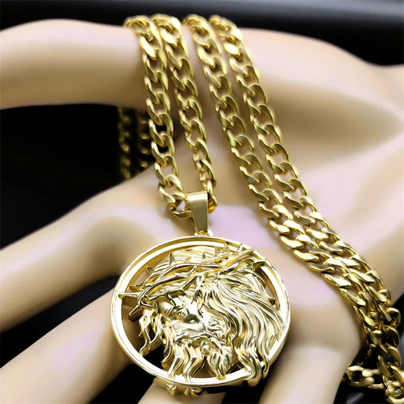 Jesus Crown of Thorns Men’s Necklace – Gold Stainless Steel Crucifix Medal Pendant
