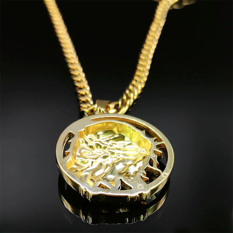 Jesus Crown of Thorns Men’s Necklace – Gold Stainless Steel Crucifix Medal Pendant