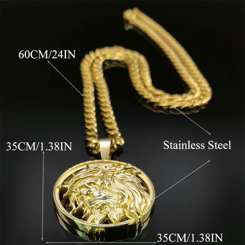 Jesus Crown of Thorns Men’s Necklace – Gold Stainless Steel Crucifix Medal Pendant