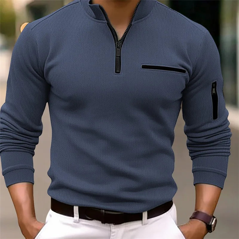 Men's Luxurious Lightweight Long Sleeve Polo Shirt with Zipper