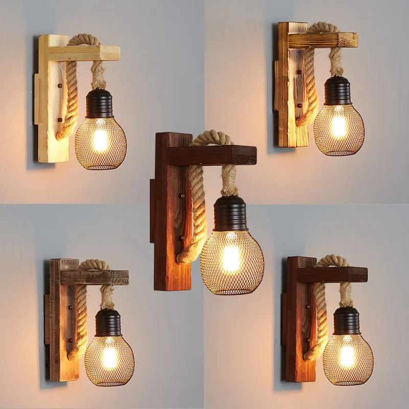 Vintage Industrial LED Wall Lamp – Retro Hemp Rope Design