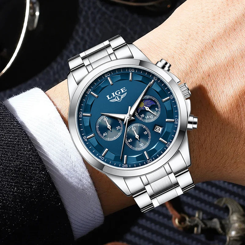 Luxury Men's Stainless Steel Quartz Watch with Calendar Waterproof