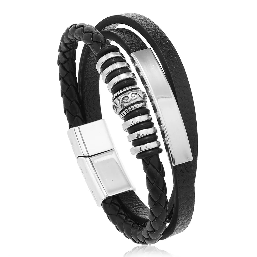 Stylish Men's Leather Bracelet – Stainless Steel Multi-Layer Braided Rope Jewelry Gift (21cm)