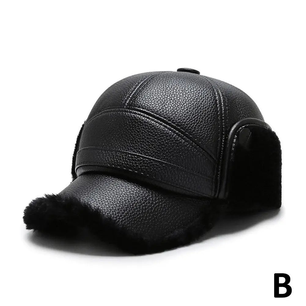 Men's thick leather winter thermal cap ideal for elderly hearing protection