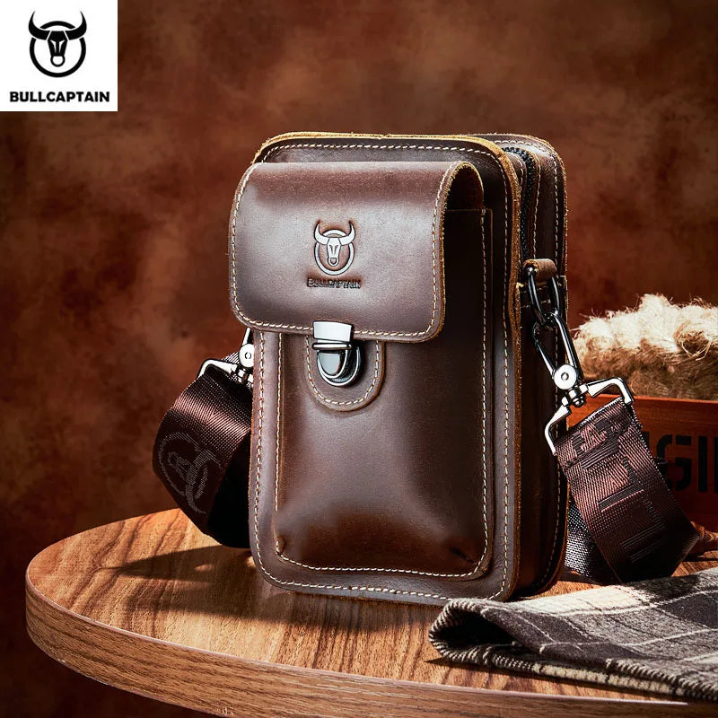 Men's leather waist and chest bag with bull design