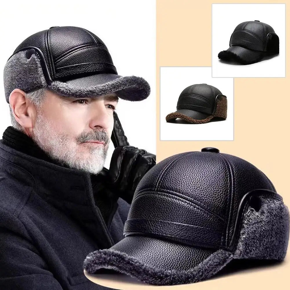 Men's thick leather winter thermal cap ideal for elderly hearing protection