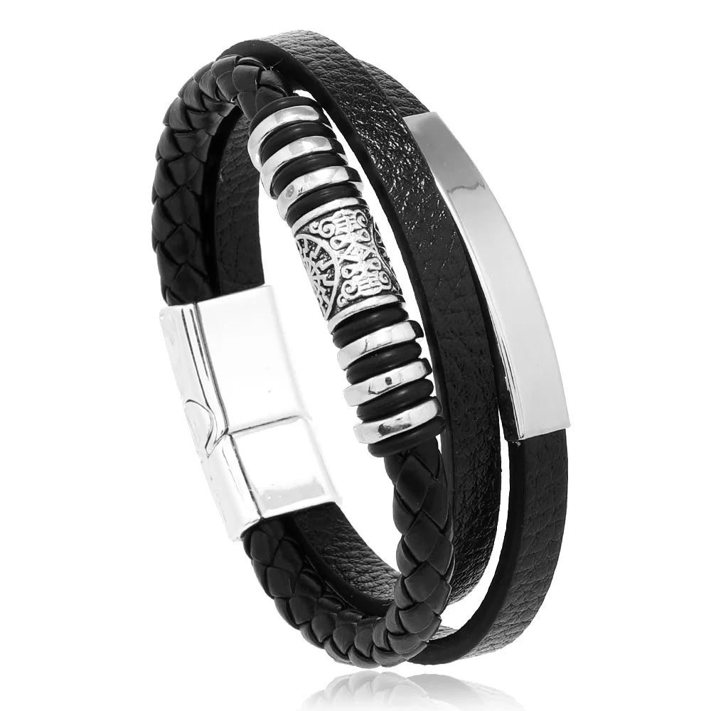 Stylish Men's Leather Bracelet – Stainless Steel Multi-Layer Braided Rope Jewelry Gift (21cm)