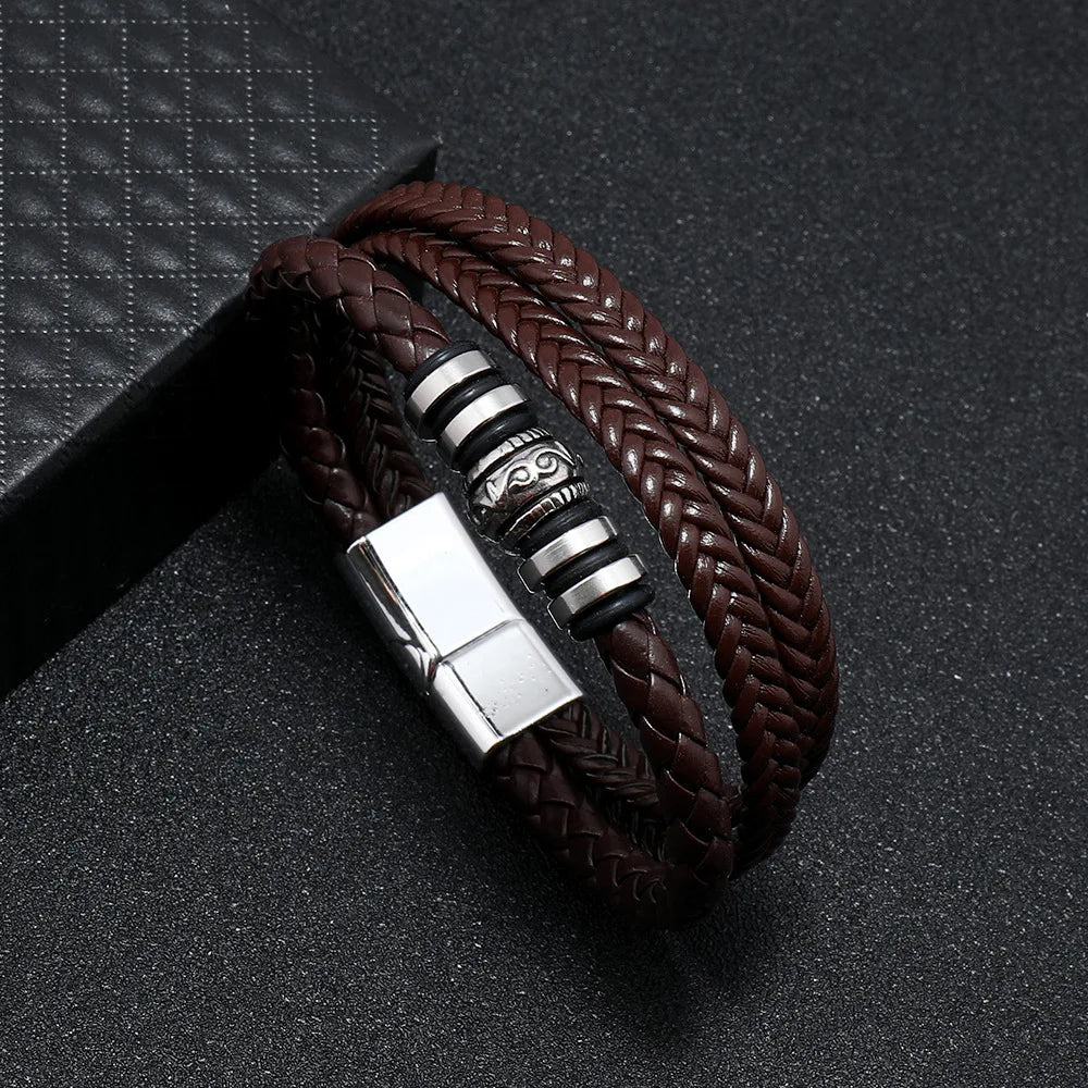 Stylish Men's Leather Bracelet – Stainless Steel Multi-Layer Braided Rope Jewelry Gift (21cm)