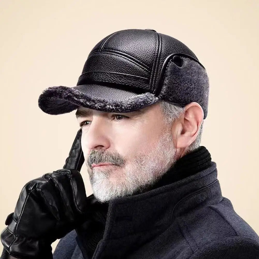 Men's thick leather winter thermal cap ideal for elderly hearing protection