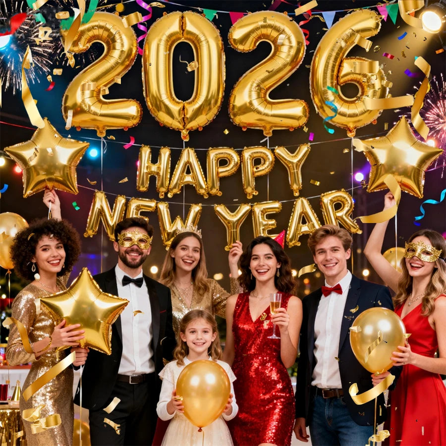 23PCS 2026 New Year Balloon Set – Gold Number & Letter Foil Balloons