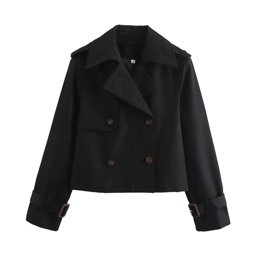 Ladies Vintage Cropped Trench Jacket – Chic Double-Breasted Style