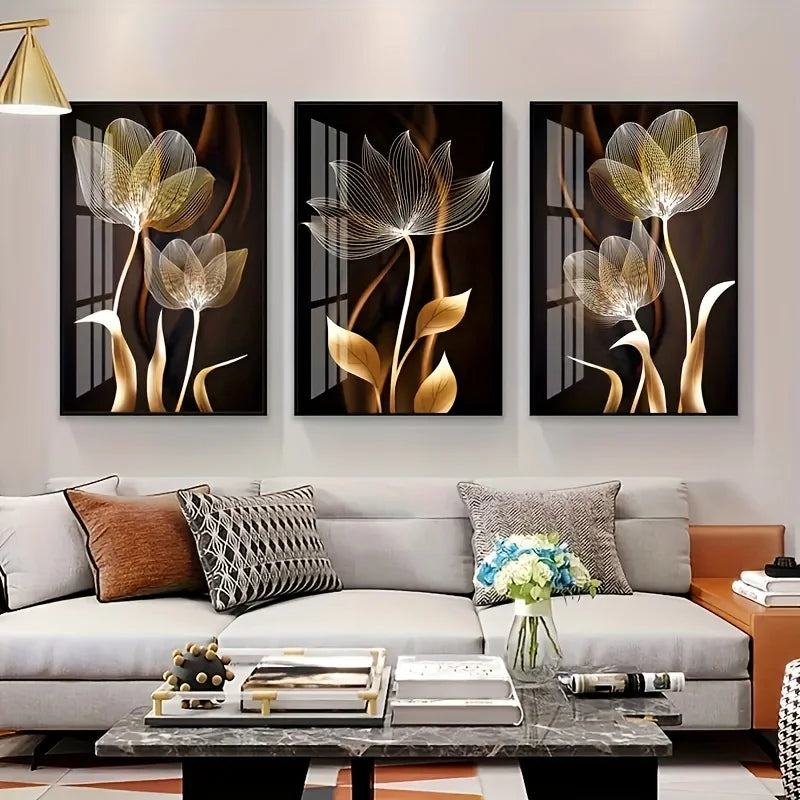 3PCS Black & Gold Flower Wall Art Canvas