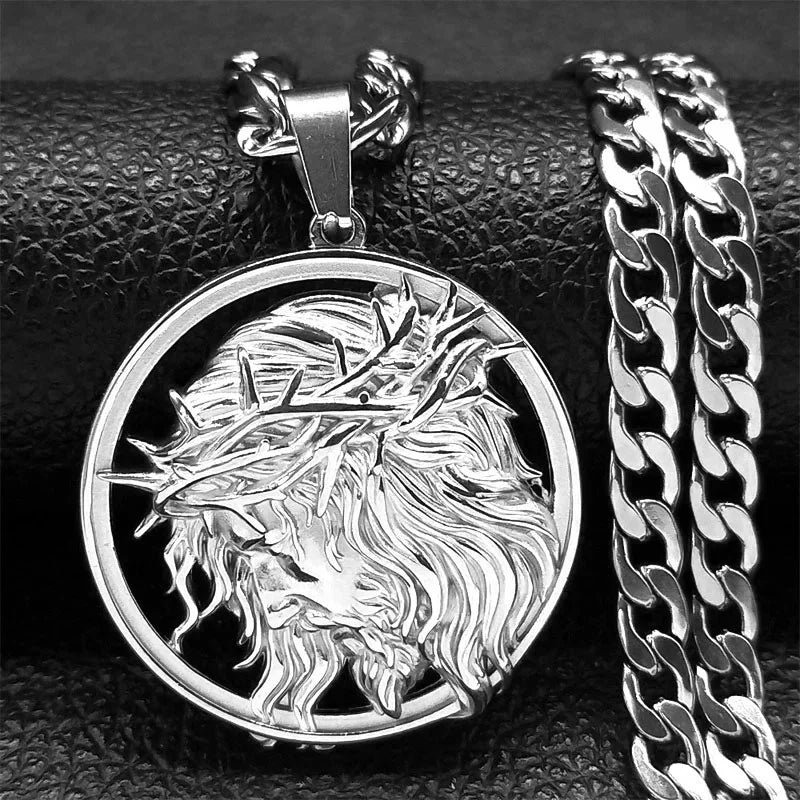 Jesus Crown of Thorns Men’s Necklace – Gold Stainless Steel Crucifix Medal Pendant