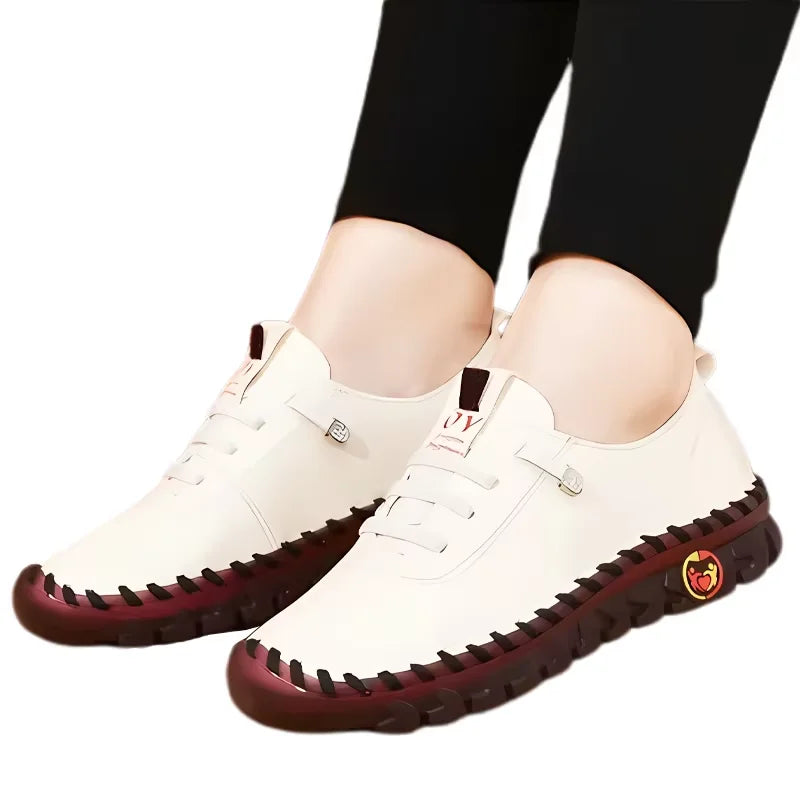 Women’s Leather Sneakers – Casual Lace-Up Flat Shoes, Comfortable Mom Shoes
