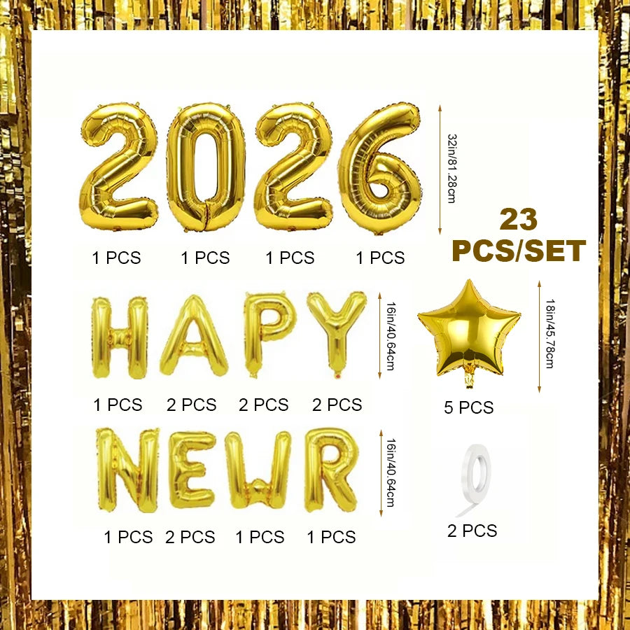 23PCS 2026 New Year Balloon Set – Gold Number & Letter Foil Balloons