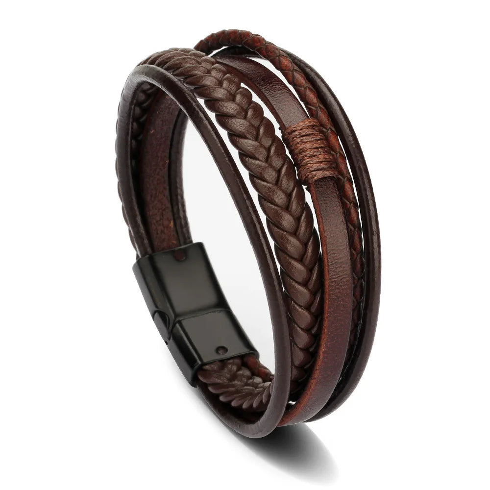 Stylish Men's Leather Bracelet – Stainless Steel Multi-Layer Braided Rope Jewelry Gift (21cm)