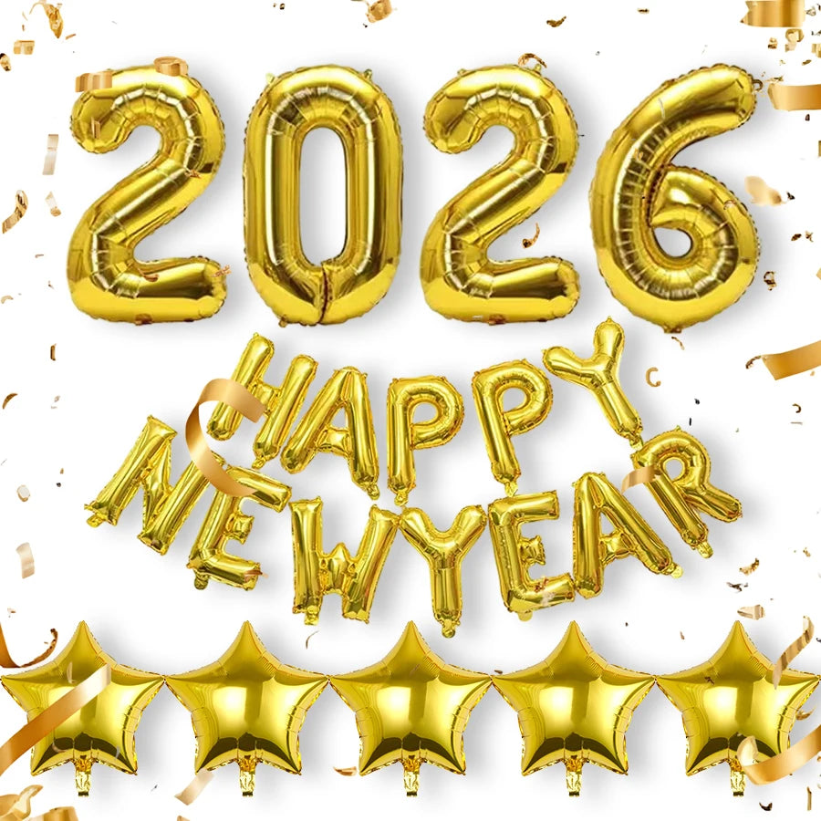 23PCS 2026 New Year Balloon Set – Gold Number & Letter Foil Balloons