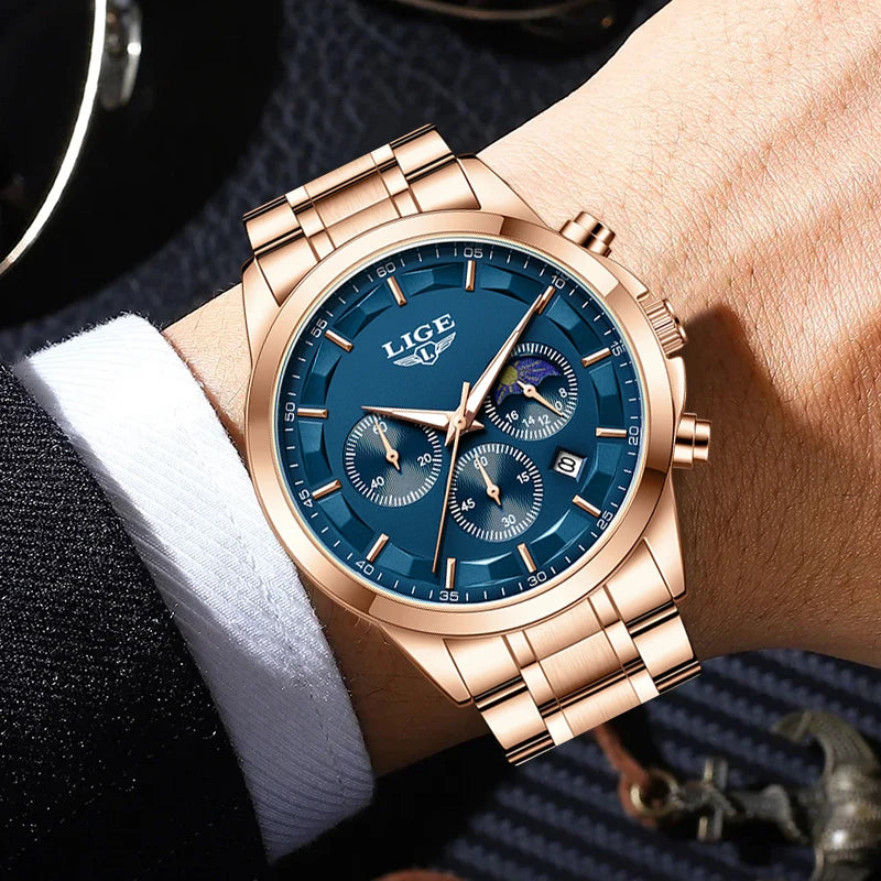 Luxury Men's Stainless Steel Quartz Watch with Calendar Waterproof